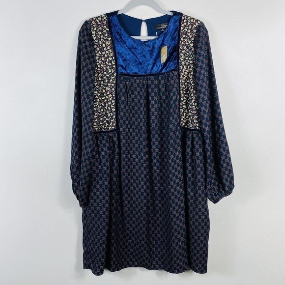Suzanne Betro Size Medium Floral Velvet Detail Peasant Dress Navy Blue - Picture 1 of 5